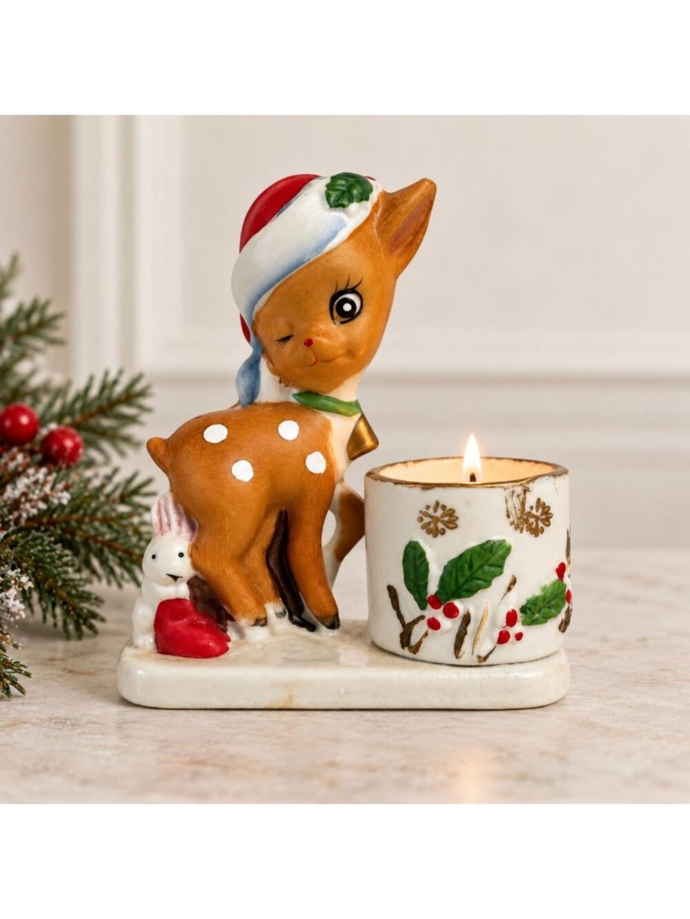Jasco Little Reindeer Candle Holder Vtg Anthropomorphic Porcelain Christmas 70s